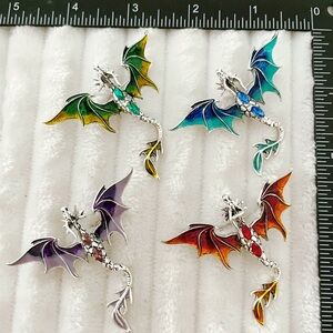 Lot of 4 Enamel Dragon Brooch Pins Multicolor Fantasy Rhinestone Wings